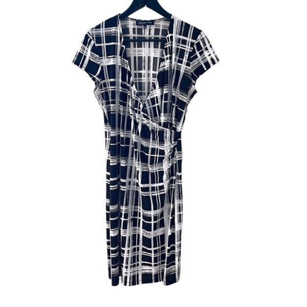 Jones New York Womens Shift Dress Plaid Wrap V Neck‎ Stretch Black White Large